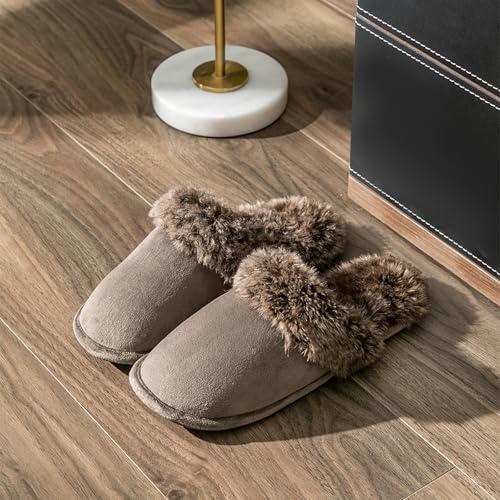 Women's and Men's Artificial Fluffy Slippers, Couple Plush Memory Foam Slippers, Ladies Warm Slip on Slippers with Faux Fur Lining, Winter Non-Slip Indoor House Shoes2