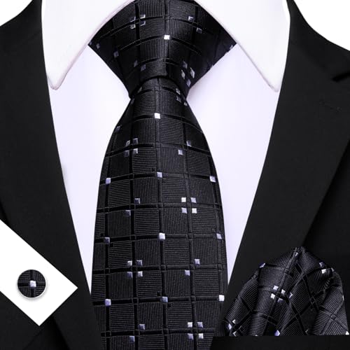 Image of Barry.Wang Mens Tie Set Plaid Check Neckties Formal Business Wedding Luxury Pocket Square Cufflinks