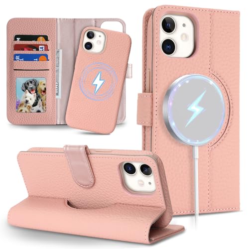 Image of Detachable Genuine Leather Case for iPhone 12 /12 Pro Wallet Case Magnetic 2in1 Removable Flip Cover Book Purse Compatible with Magsafe Charging Kickstand Card Holder-Pink