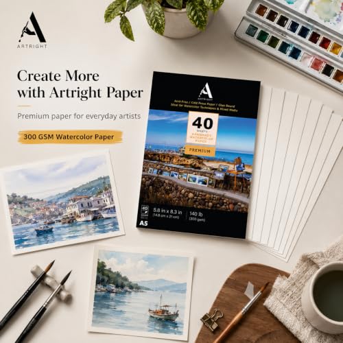 Image of ArtRight Artists Watercolor Paper (A5 Pack of 40 Sheets, 300 GSM); Handmade Watercolour Paper for Artists