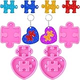 4 Pieces Heart Puzzle Keychain Silicone Mold Valentine s Day Heart Keychain Resin Mold Handmade Puzzle Epoxy Silicone Mold with Hole and 10 Pieces Key Ring Chain for Cake Chocolate Necklace Jewellery