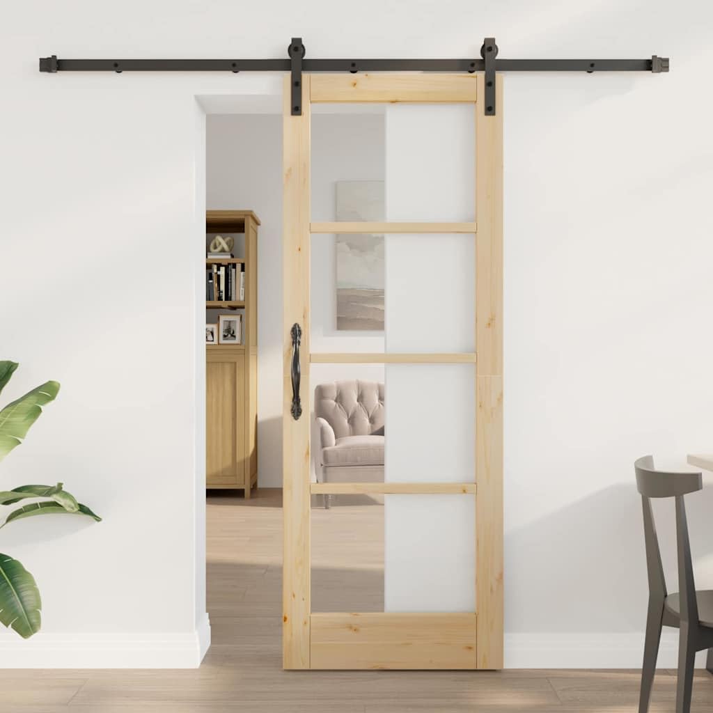 Drzwi przesuwne ORKDAL naturalne z litego drewna sosnowego i szkła, 73,5 x 198,5 cm, z cichą technologią przesuwania, do sypialni i salonu, łącznie z szyną i akcesoriami, trwałe i oszczędzające