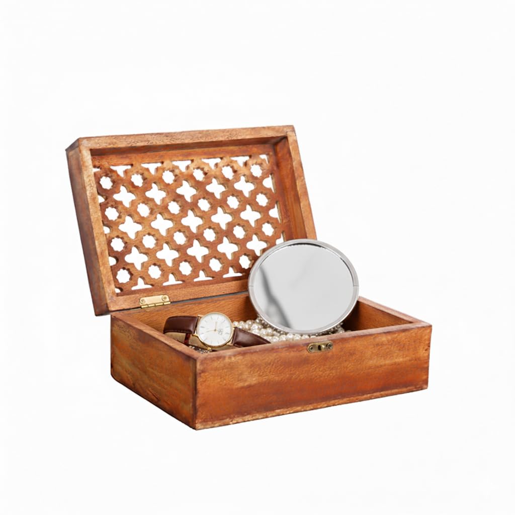 Mela Artisans Wooden Keepsake Box | Medium Polish Mango Wood Memory & Photo Storage Box with Hinged Lid | Decorative Storage Box | Medium | 7.5x4.5x3 Inch