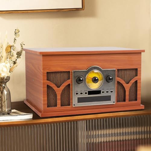 10-in-1 Vinyl Record Player with Built-in Speakers Wireless Playback, CD & Cassette Player, USB Player, AM/FM Radio, 33/45/78 Speed Turntable Mahogany - Thumbnail 6