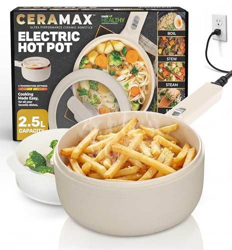 Ceramax PRO 2.5L Electric Hot Pot with Lid & Steamer, All in 1 Non Toxic Ceramic Cooker Skillet Hotpot and Deep Fryer Pot for Ramen, for Dorms, Camping, RVs, Adjustable Temp. - New Improved 2026 Model
