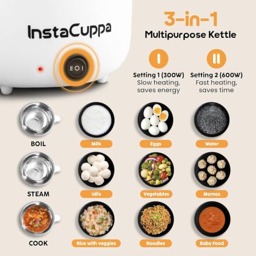 Image of InstaCuppa 3-in-1 Multi Cook Kettle with Steamer, 1.2 L Inner Pot, Adjustable Temperature Settings, Wide Mouth, Ideal for Boiling Milk, Tea, Coffee, Eggs & Steaming Veggies, 600 Watts