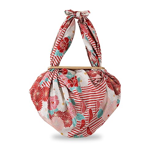 Image of Noren Tote Bag - Retro Flower Large 100cm - Red Nara - 100% Cotton - Multifunctional - Magnetic Closure - Unisex-Adults