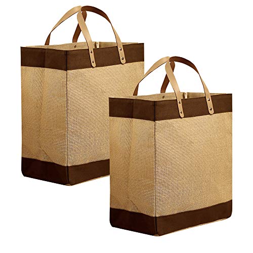 Preferred Nation Kona Jute Tote (Set of 2), Burlap with Leather Handles, Extra Wide for Grocery, Shopping, Beach, Outting Tote, Eco Friendly Brown