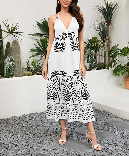 Image of Women's Floral Dress Summer Backless Maxi Dresses Boho Deep V Halter Neck A line Dresses