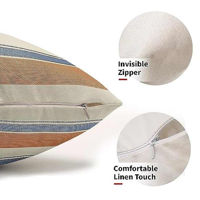 Orange Blue Striped Lumbar Pillow Covers 12x20 Set of 2 Boho Stripe Pattern Cream Decorative Throw Pillows Outdoor Modern Line Print Linen Long Cushion Case with Zipper Decor for Sofa Couch Bed