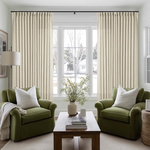 Image of Extra Wide Pinch Pleat 100 x 102 Inch Linen Curtains for Living Room Neutral Beige Light Filtering Semi Sheer Pleated Curtains for Patio Glass Sliding Door Dining Bedroom Large Window 100x102 1 Panel