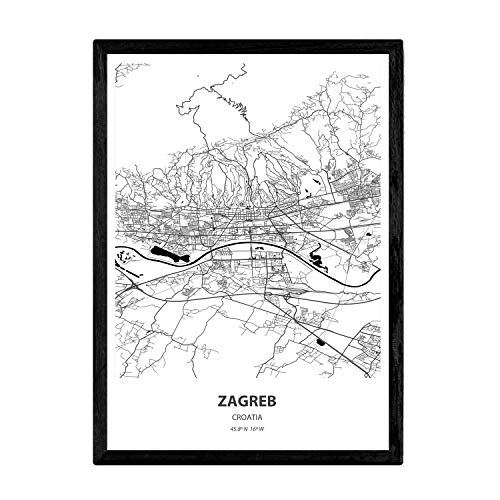 Nacnic Poster con Mapa de Zagreb - Croacia. Láminas de Ciudades de Europa con Mares y ríos en Color Negro. Tamaño A4