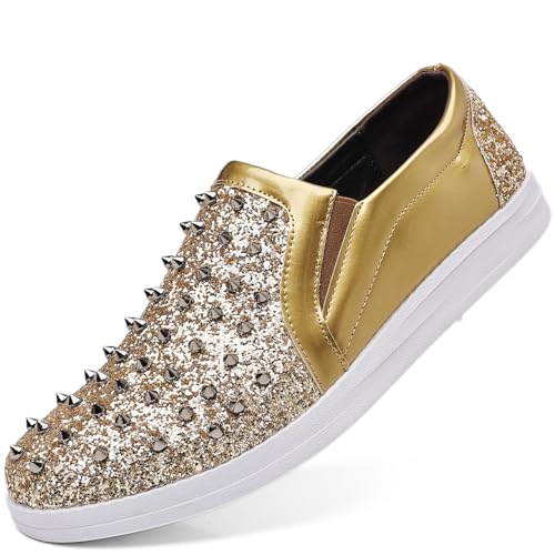 Trsorini Men's Glitter Spikes Loafers Sparkly Shiny Light-up Shoes Metal Rivet Soft Sneakers Male Shoes