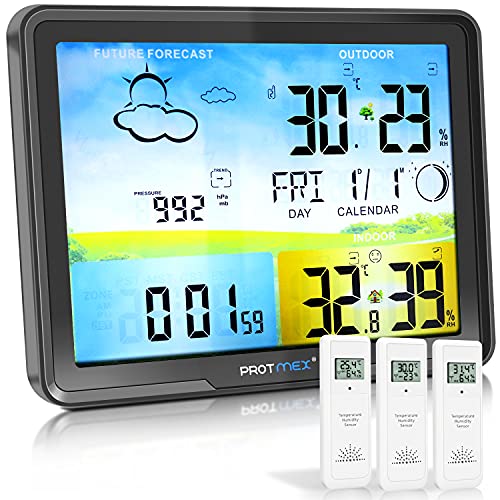Protmex Wireless Weather Station Indoor Outdoor RCC Thermometer with 3 External Sensor, Color Display Digital Weather Forecast Station with Adjustable Backlight and Atomic Clock, 20C (Black)