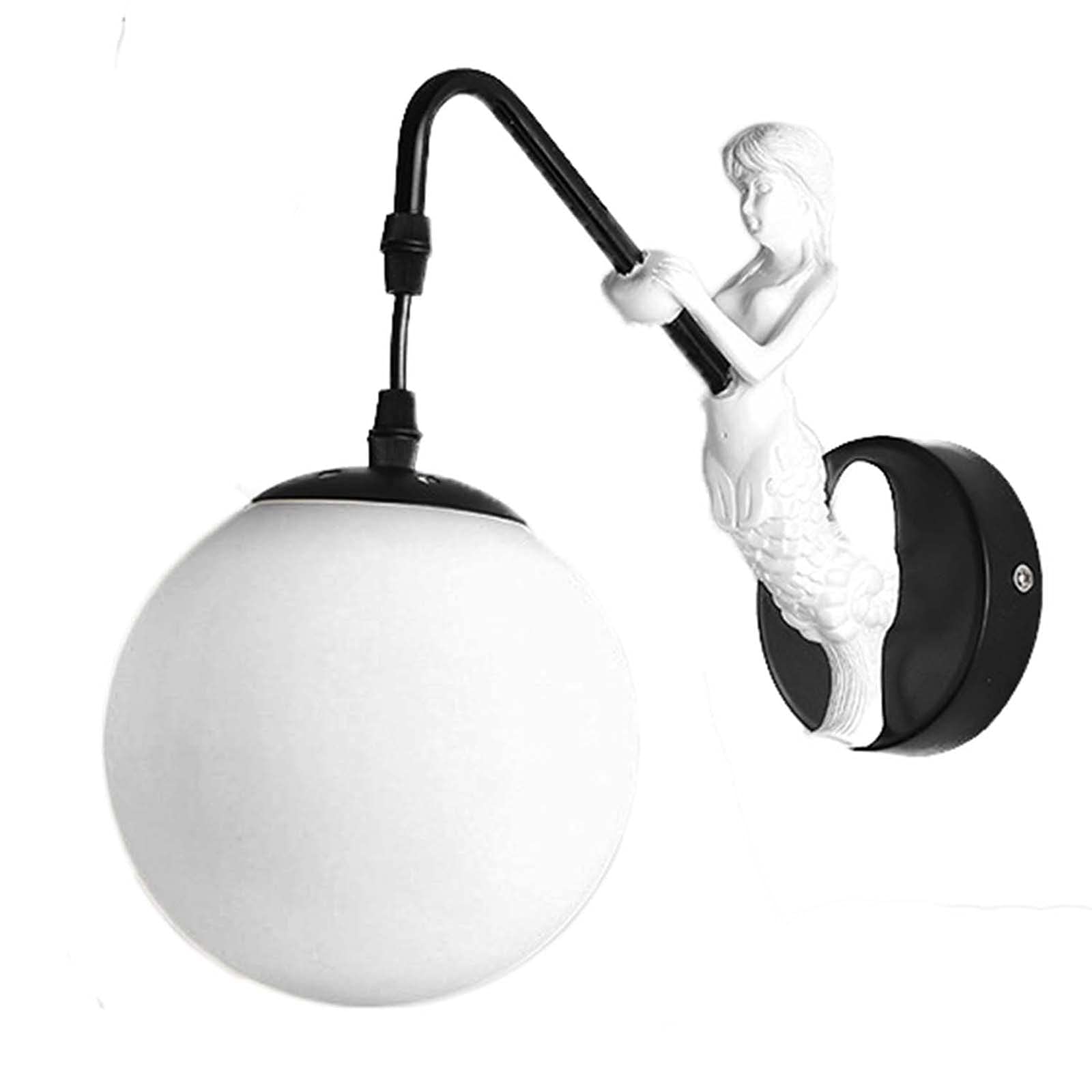 SIBEG Resin Mermaid Wall Light with Glass Ball Lampshade, Industrial Art-Deco Wall Lamp Bathroom Bedroom Aisle Vanity Sconce Lighting