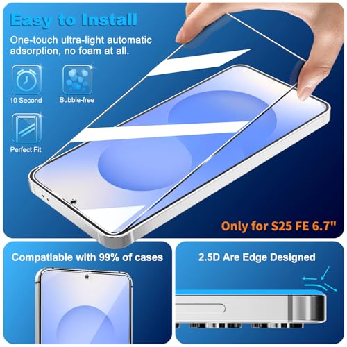 Image of 3 Pack for Samsung Galaxy S25 FE Screen Protector Tempered Glass + 3 Pack Camera Lens Protector, Military Grade Shatterproof, 9H Hardness, Fingerprint Unlock, Case Friendly 6.7 Inch