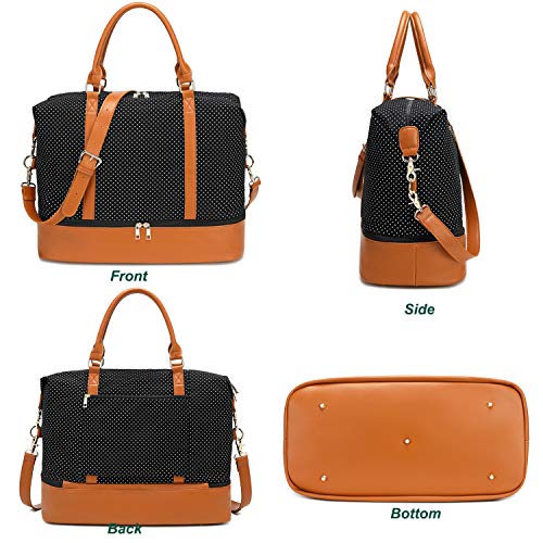 Womens Travel Weekend Bag Canvas Overnight Carry on Shoulder Duffel Beach Tote Bag (Black polka dot with shoe compartment)