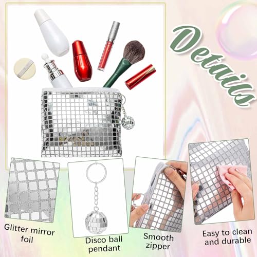 12 Pack Disco Cosmetic Bags Portable Glitter Sequin Mirror Makeup Organizer with Zipper, Suit for Bachelorette, New Years Eve, 70s, 80s, 90s Disco Party Favors (Silver)3