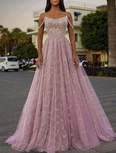 Cold Shoulder Sequin Prom Dresses Sparkly Glitter Tulle Long Ball Gowns for Women Formal2