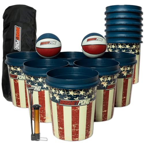 BasketPong USA Giant Yard Pong and Basketball Game with 12 Buckets 2 Balls Carrying Bag and Air Pump Outdoor Game for Lawn Backyard Beach and Parties