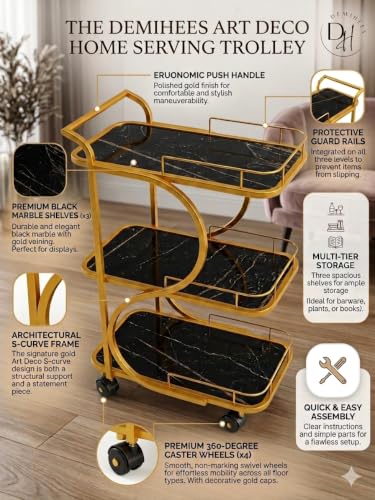 Image of Serving Trolley with Wheels for Home, Tea Food Drinks Serving Kitchen Trolley Restaurant, Hotels,Dining Room bar cart with Wheels (Gold-Black)