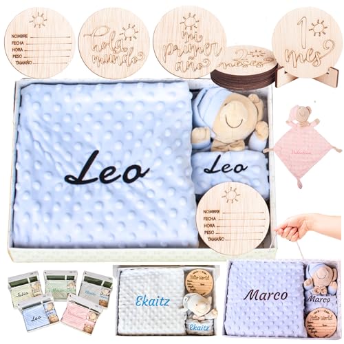 Olesea Regalo Recién Nacido Niño Niña Manta Bebé Personalizada con Nombre Bordado+Placas Cumplemes +Dou Dou– Cesta Canastilla Padres Primerizos Mamas Primerizas (Set de Manta+DouDou+Placas CUMPLEMES)
