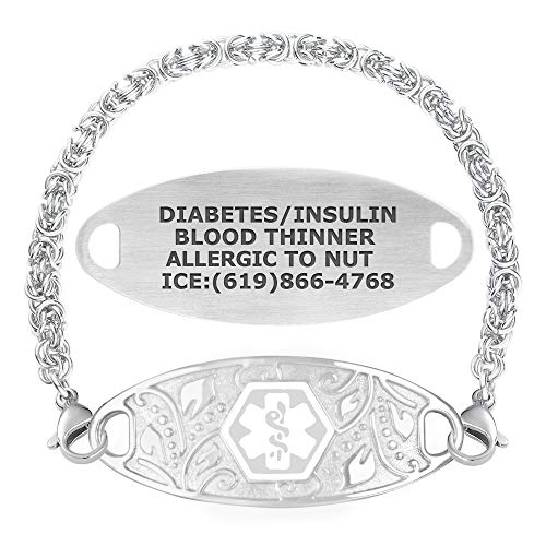 Divoti Custom Engraved Medical Alert Bracelets for Women, Stainless Steel Medical Bracelet, Medical ID Bracelet w/Free Engraving  Lovely Filigree Tag w/Handmade Byzantine-White-8.5