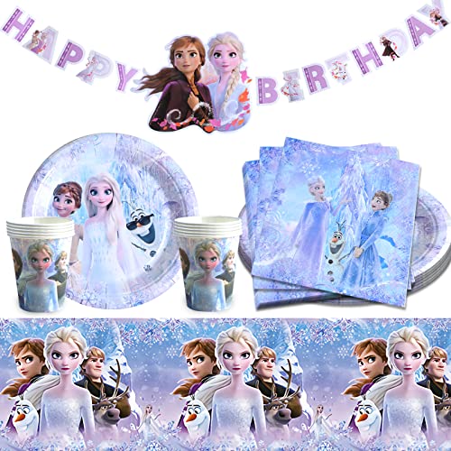 Frozen Anniversaire Vaisselle Kit,42 Pièces Anniversaire Vaisselle Reine des Neiges - Plate, Serviette en Papier, Tasse, Nappe, Tirez Le Drapeau pour Décoration de Fête pour 10 Enfants