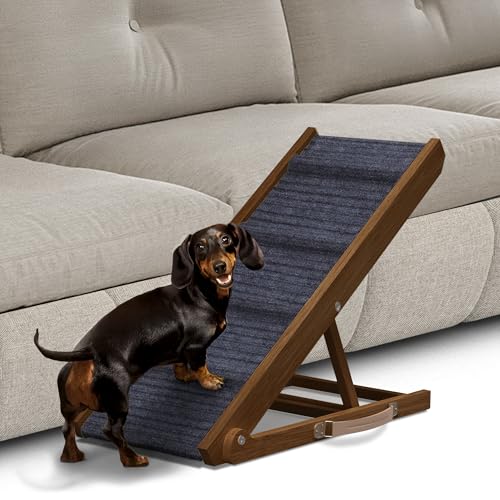 Pathosio Pets Adjustable Dog Ramp for Bed - Foldable Wooden Ramp for Dogs to Get on Bed, Couch, or Car - Ideal for Small and Medium Breeds (Walnut Wood with Grey Carpet)