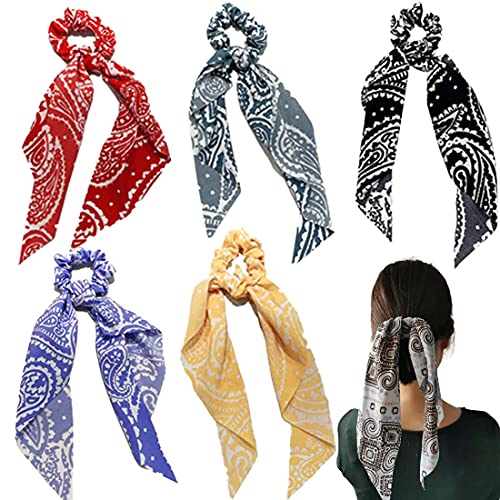 6Pcs Hair Scarf Scrunchies Paisley Long Ribbon Hair Tie Ponytail Holder 2 in 1 Bowknot Hair Ties for Women Girls