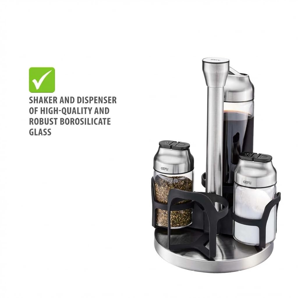 GEFU KIPPO - Olio di aceto e spezie, 5 pezzi, vetro borosilicato e acciaio inossidabile, 2 dosatori + 2 spargitori nella giostra, protezione per aromi e antigoccia