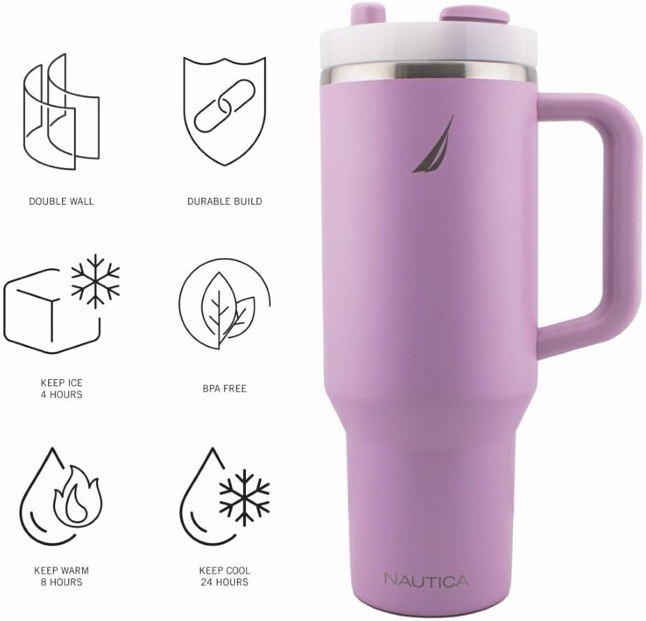 Nautica 40 oz Large Insulated Tumbler with Handle & Straw with screw on cap, Reusable Water Bottle Stainless Steel Travel Mug for Hot Cold or Iced Drink, BPA-Free, Fits Car Cup Holders (Violet) - Image 4