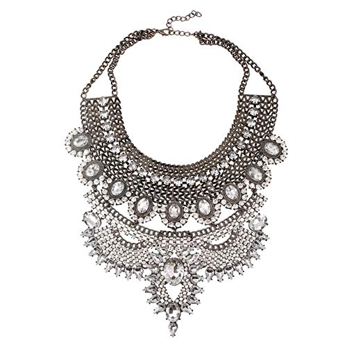 NABROJ Thick Necklace Costume Chunky Tribal Statement Collar with Clear Crystals Gun-Black Chain Flower Pendant Choker Egyptian Jewelry Valentine Day Gift for Women-HL23 Black and White