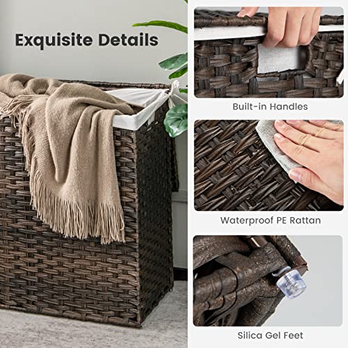 Giantex Laundry Hamper With Lid And Handle, 35 Gal (130L) Wicker Laundry Basket, 3-Section Removable Liner Bag, Synthetic Rattan Divided Clothes Hamper Storage Organizer For Bathroom (Brown) #TOP4