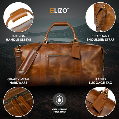 ELIZO Large Leather Duffle Bag For Men Women Big REAL FULL GRAIN Travel Overnight Weekender Carry On Luggage Sports Gym Bags (Tan 24 Inch) Heritage3
