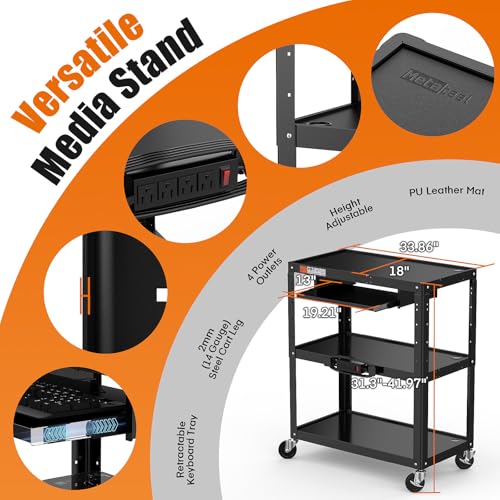 Image of Extra-Large 3-Tier Utility Cart with Built-in Power Strip - Heavy-Duty 14-Gauge Steel Rolling Cart for Office, Workshop, or Classroom - 300 Lb Capacity (34 inch x 18 inch x 41.75 inch)