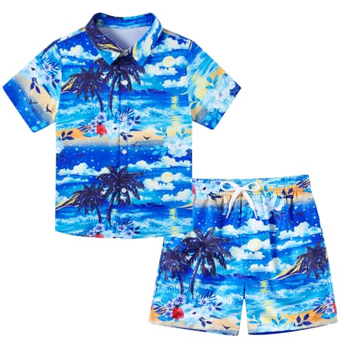 Image of UNICOMIDEA Boys Hawaiian Outfits Tropical Print Button Down Shirt + Swim Trunks 2 Piece Sets for 5-12T Kids