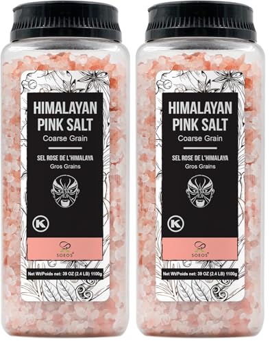 Soeos Himalayan Salt, Coarse Grain, 39Oz (2.4 Pound), Non-GMO Himalayan Pink/Kosher/Sea Salt for Grinder Refill (Pack of 2)