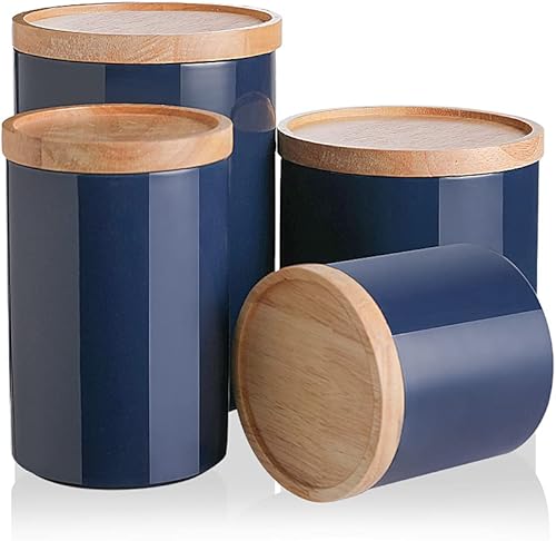 Sweejar Kitchen Canisters - Juego de tarros de cerámica para almacenamiento de alimentos, recipientes apilables con tapa de madera hermética para