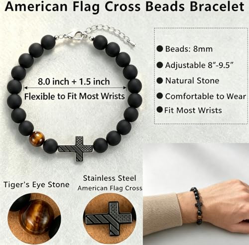 American Flag Cross Beads Bracelet, Birthday Gifts for Men, Christian Gifts - image 4