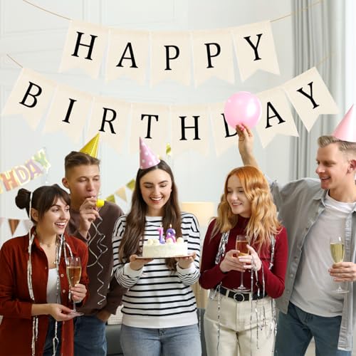 Image of Domeny Happy Birthday Burlap Banner Boho Birthday Bunting Banner Black Bohemian Birthdays Bunting Garland Rustic White Birthday Party Hanging Garland for Women Men Birthday Photo Backdrop