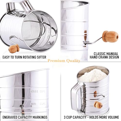 Zemensha Stainless Steel 3 Cups Flour Sifter for baking | Rotary Hand Crank Powdered sugar shaker and flour duster|