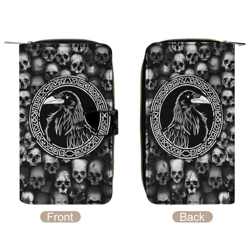Viking Crow Norse Mythology Leather Wallets,Long Wallet Purse,Slim Thin Leather Bifold Card Holder Wallet,Adjustable Buckle,Multi Cards Case,Large Capacity3