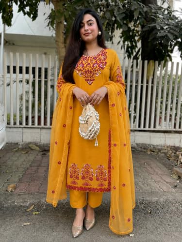 Image of GoSriKi Kurta Sets for Women Viscose Embroidered | Kurta Pant Dupatta Set | Straight Kurti Set for Women | Round Neck 3 /4 Sleeve Ethnic Suit | Designer Indian Kurti Outfit with Pants