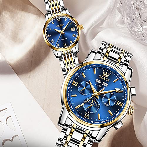 Image of OLEVS Men's Business Watch Gold Blue with Large Easy-Read Analog Quartz Date Display Luxury Stainless Steel Band Waterproof Luminous Hands