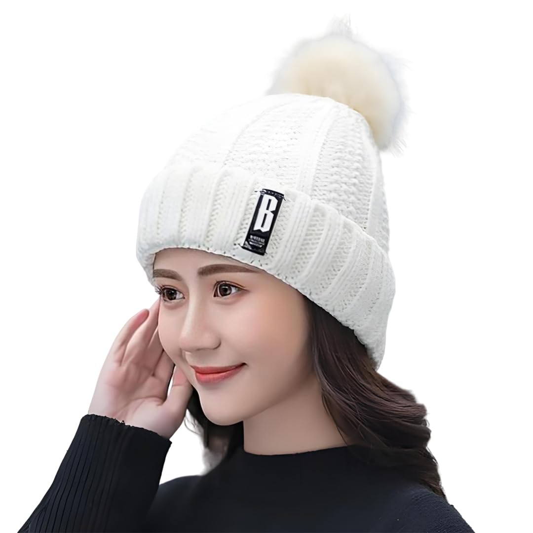 Winter Beanie Hat for Women Warm Thick Cotton Lining Knit Bobble Pom Pom Skull Cap Fleece Lined Warm Cap Outdoor Sports Hat for Ladies Women Girl Free Size-image-21