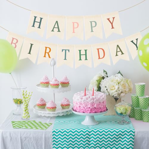 Image of Doumeny Happy Birthday Burlap Banner Boho Birthday Garland Bunting Sage Green Pink Bohemian Party Hanging Flag White Happy Birthday Party Bunting Garland for Women Men Birthday Photo Backdrop