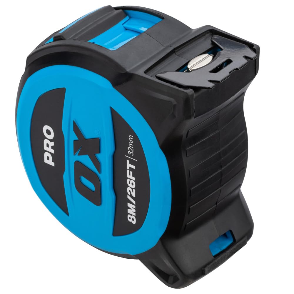 OX Pro 8m/26ft Tuff Blade Tape Measure Magnetic Dual Hook & 32mm Wide Blade, Blue / Black - Image 4