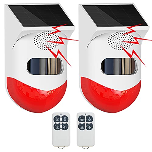 Solar Strobe Alarm Light with Motion Sensor Siren Outdoor Alarm Siren with Remote Controller 120db Sound Security Siren Light IP67 Waterproof and 4 Mode for Home,Farm,Barn,Villa,Yard(2 Pack)