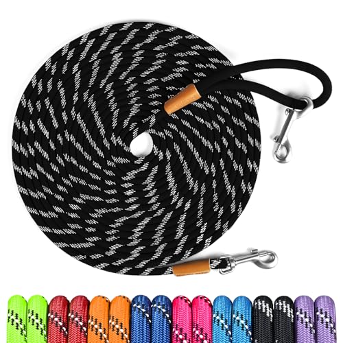 lynxking Long Dog Leash Reflective 15ft 30ft 50ft Check Cord Training Lead Padded Handle Heavy Duty Rope for Puppy Small Medium Large Dogs (Black, 50ft x 3/8inch)